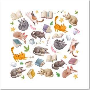 Cute Cats Napping with Books Pattern Posters and Art